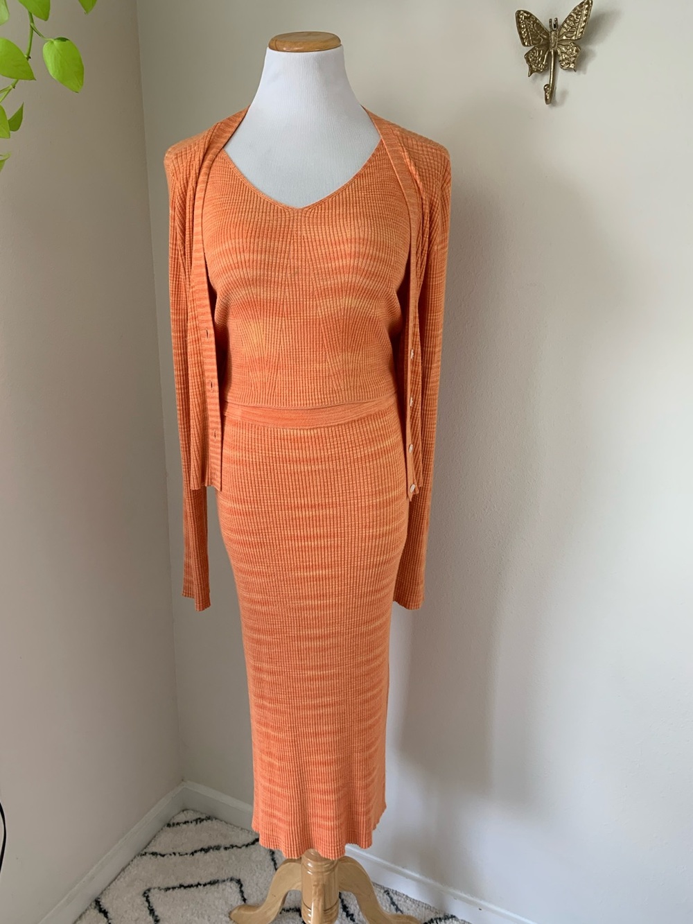 House of Harlow Orange Ribbed Knit Dress and Cardigan Set